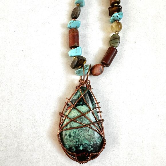 Natural Stone & Copper Pendant Necklace Handmade w Tigers Eye & Turquoise Beads - Picture 3 of 9